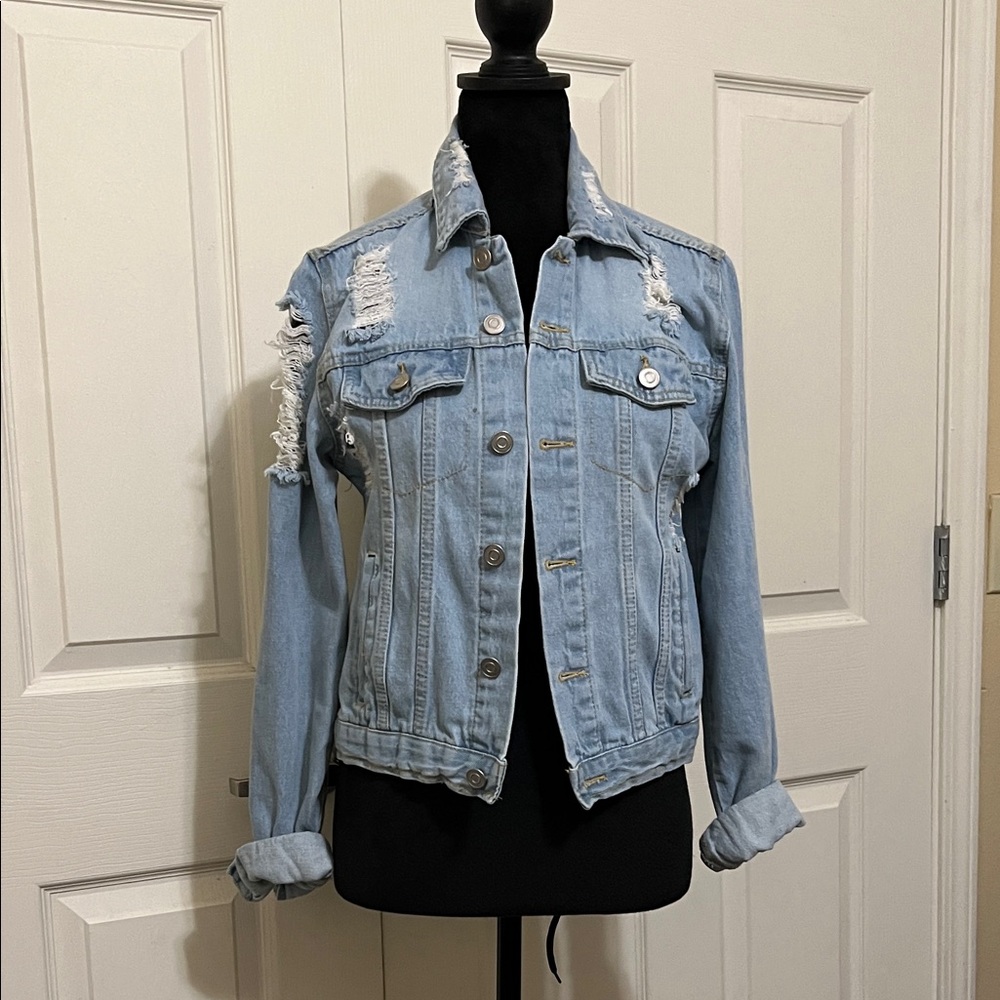 Love Tree Light Blue Distressed Denim Jacket - Picture 1 of 13